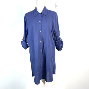 NWT Tommy Bahama Womens XL Blue Crinkle Cotton Boyfriend Shirt Tunic Roll Tab‎
